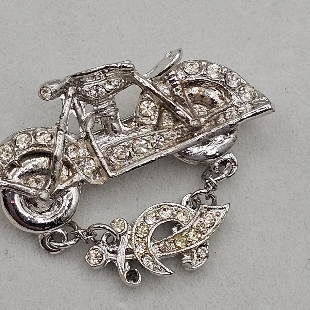 ORA Motorcycle Brooch Pins 2pc Silver Tone Clear Rhinestone Biker Mason Sword